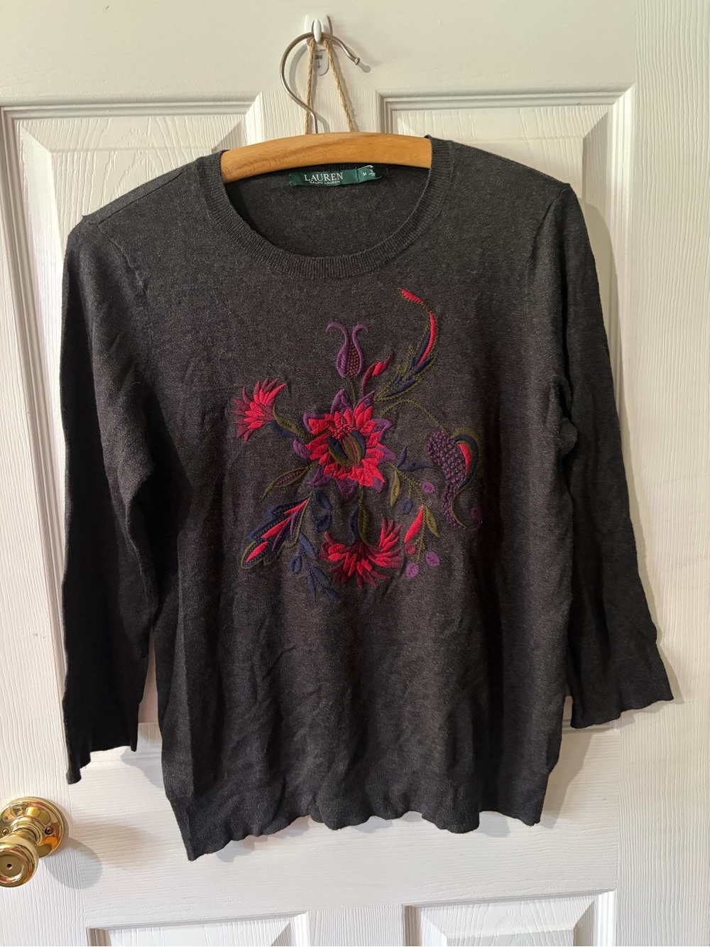 Dark Gray Embroidered Floral Long-Sleeve Sweater Top